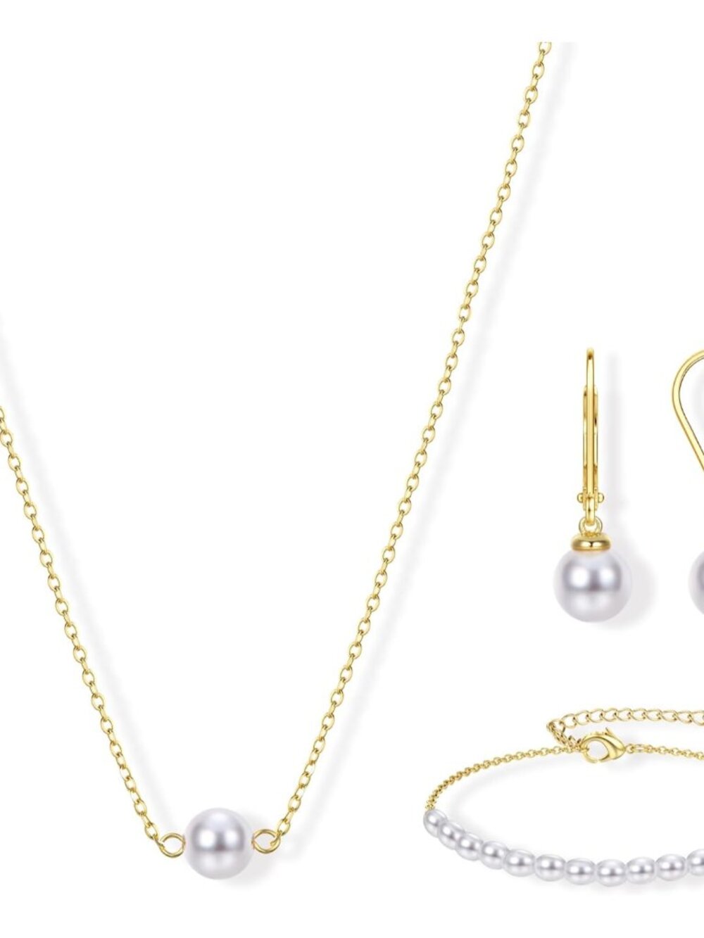 Gold Jewelry Set for Women - 16K Gold Plated Pearl Necklace and Earring Set With